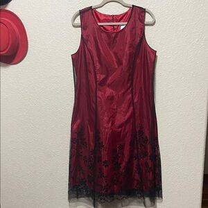 Coldwater Creek Burgundy Floral Midi Dress. Lace Over Maroon Satin Type Fabric.